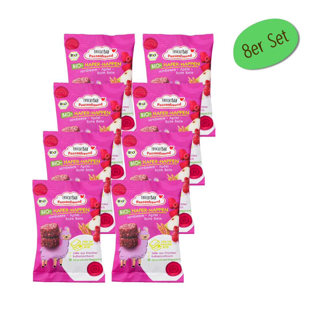 Bio Hafer Happen Himbeere, Apfel, Rote Bete 8er Set Bio Hafer Happen Himbeere, Apfel, Rote Bete