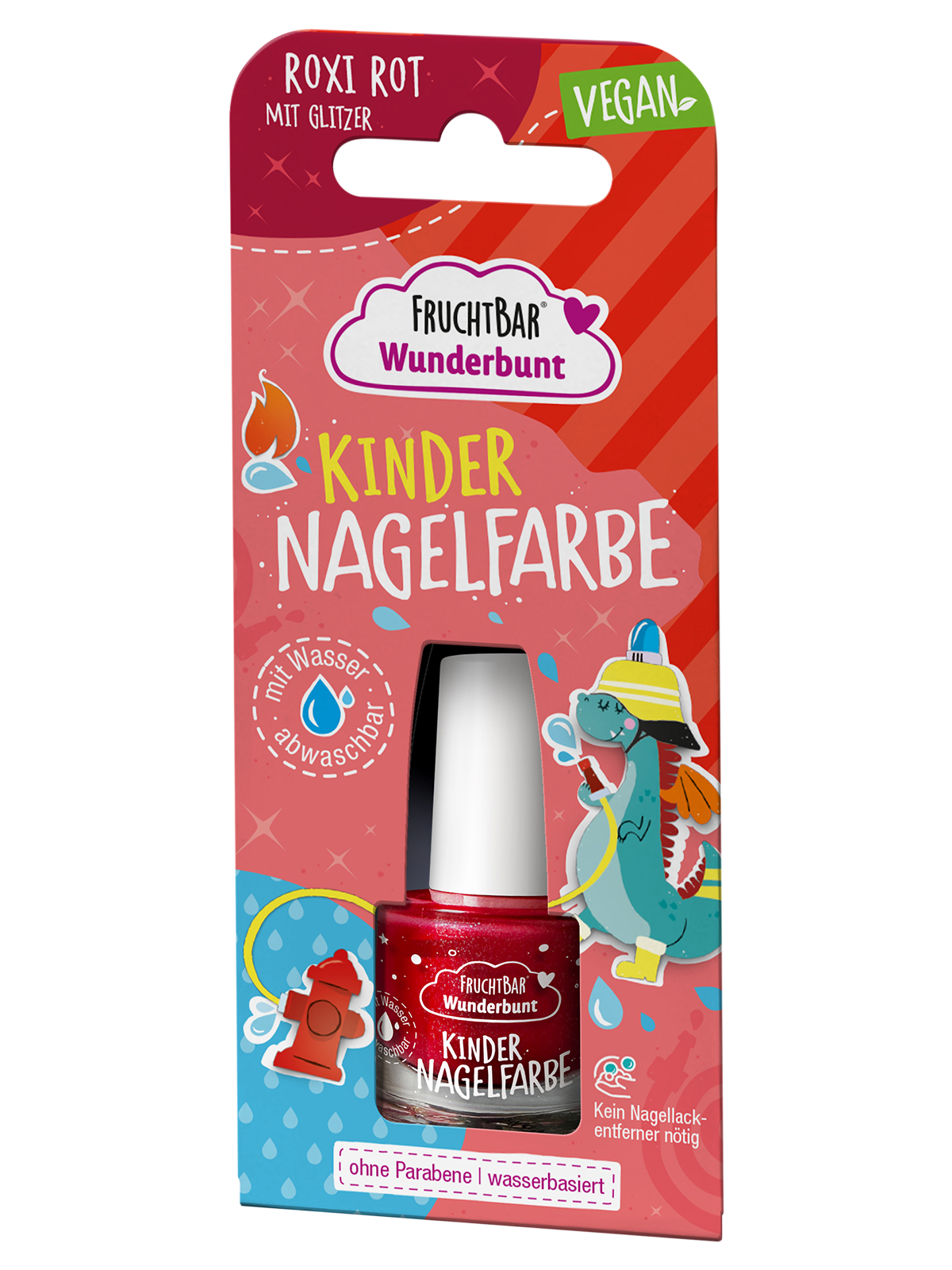 FruchtBar Wunderbunt Nagelfarbe Roxi Rot Vegane Nagelfarbe auf Wasserbasis in der Farbe Rot mit Glitzer, ab 3 Jahren geeignet.