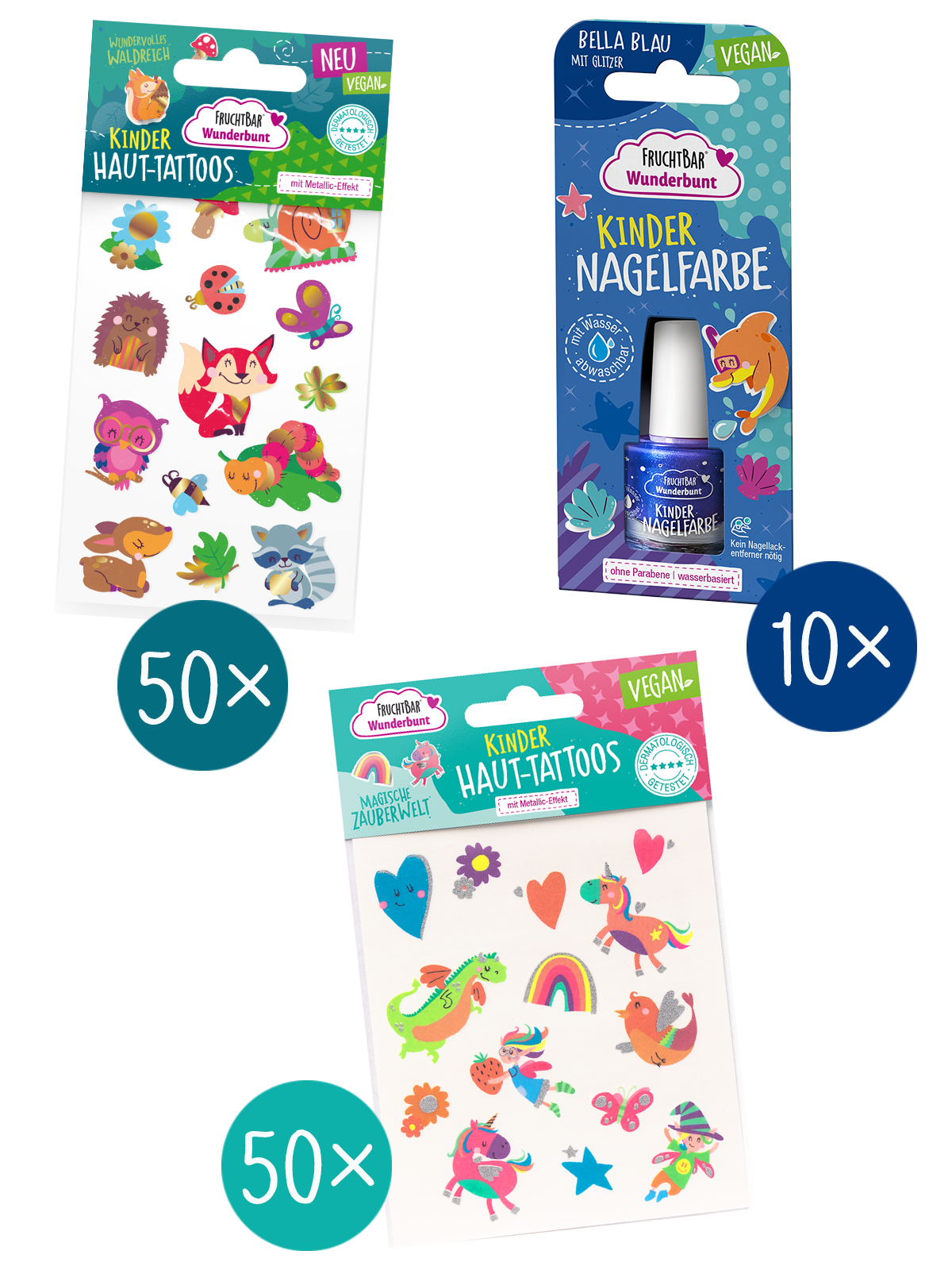 FruchtBar Wunderbunt Händler-Probierpaket mit Kinder Haut Tattoos und Nagelfarbe Kennlernset für Händler mit Kinder Haut Tattoos und Kinder Nagellack