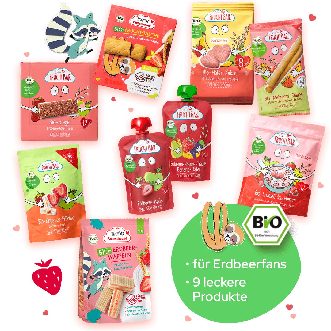Erdbeer Paket mit verschiedenen Bio Snacks von FruchtBar.