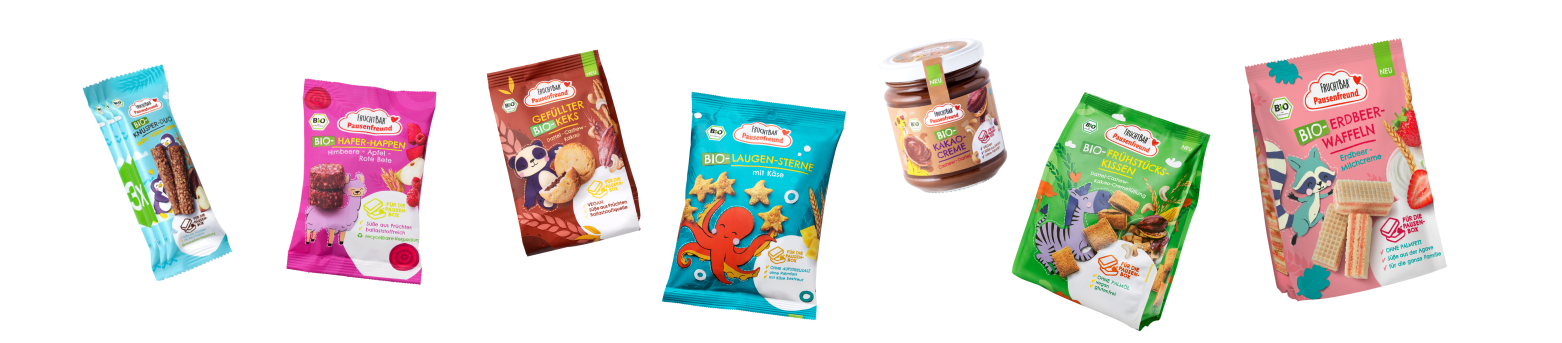 Pausenfreund Produkte: Knusper Duo, Hafer Hppen, Gefüllter keks, Laugensterne, Kakao Creme, Frühstücks kissen, Erdbeer Waffen