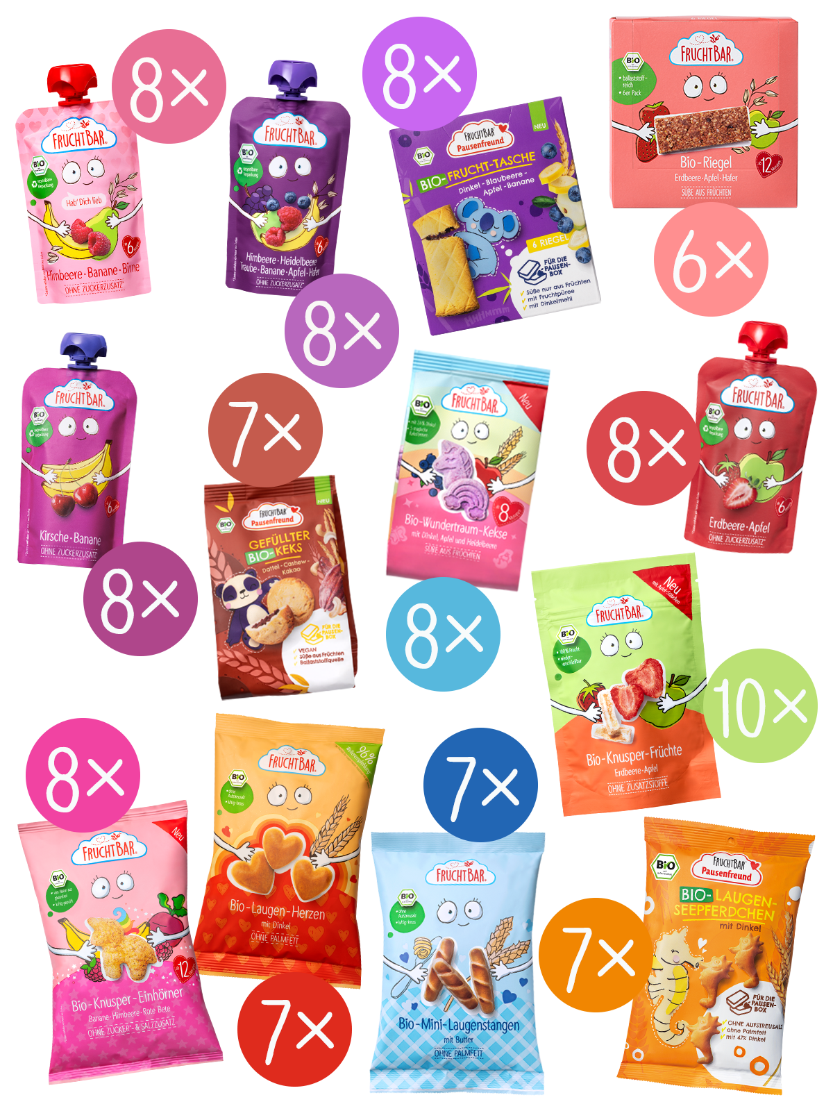 FruchtBar_Bio Snacks Probierpaket_B2B Bio Snacks Probierpaket besteht aus 13 verschiedenen FruchtBar Quetschies, Snacks und Riegeln