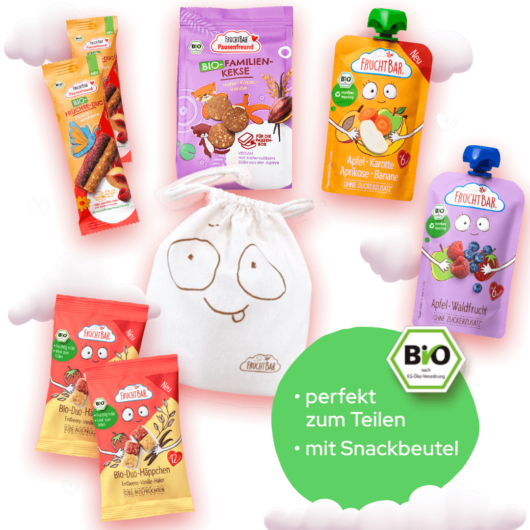 Familienausflug Snack Set mit praktischem Snackbeutel Praktisches Set für den nächsten Familienausflug - mit Bio Riegeln, Keksen und Quetschies für unterwegs, inkl. praktischem Snack Beutel.