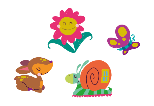 Wald Wesen: Reh Kitz, Schnecke, Schmetterling und Blume