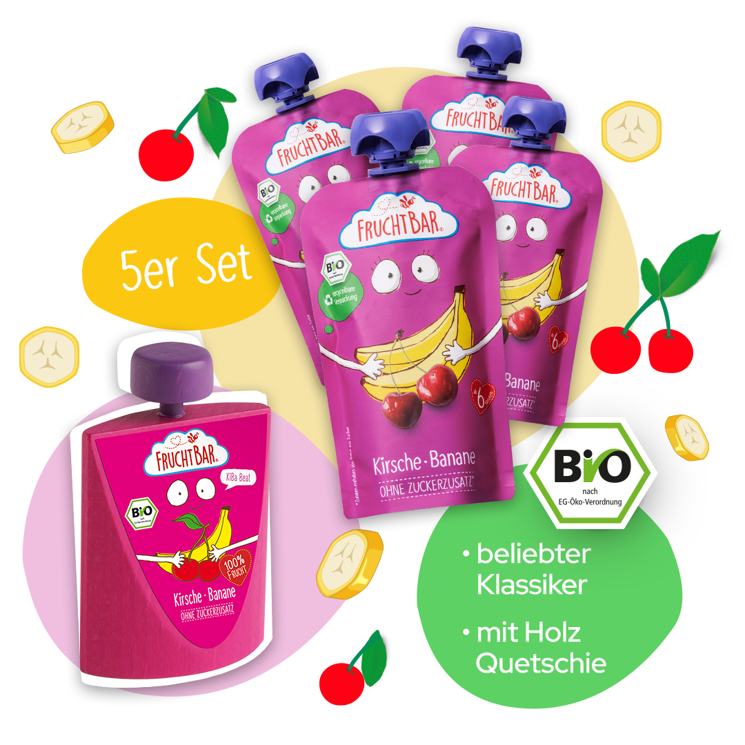 Bio Quetschie KiBa Beat Kirsche Banane mit Erzi Holzquetschie