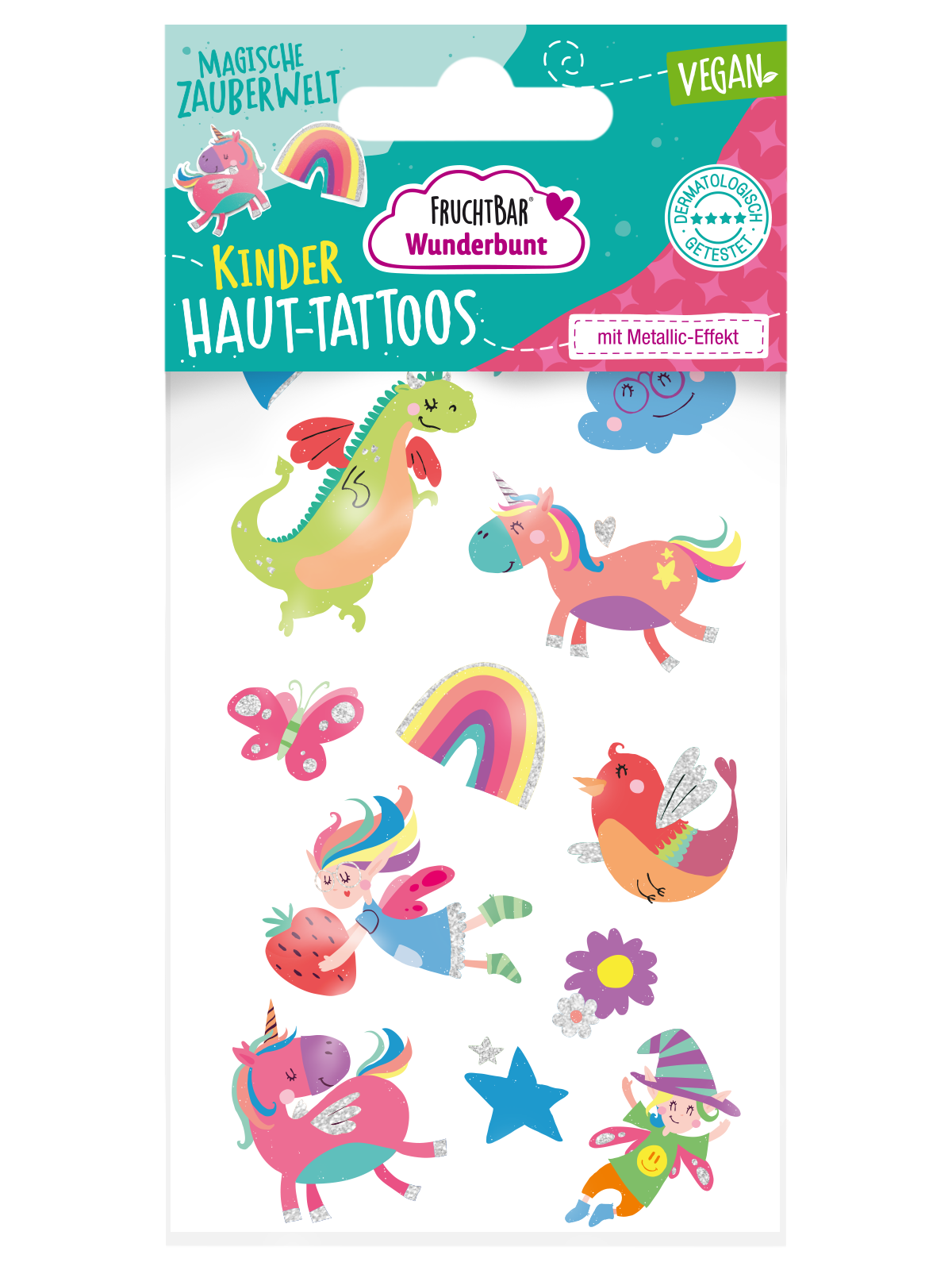 FruchtBar Wunderbunt Haut-Tattoos Magische Zauberwelt Haut-Tattoos mit magischen Zauberwelt-Motiven, ab 3 Jahren geeignet.