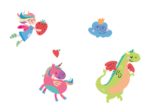 Fabelwesen: Pinkes Einhorn, grüner Drache, blaue Wolke mit Krone und Fee