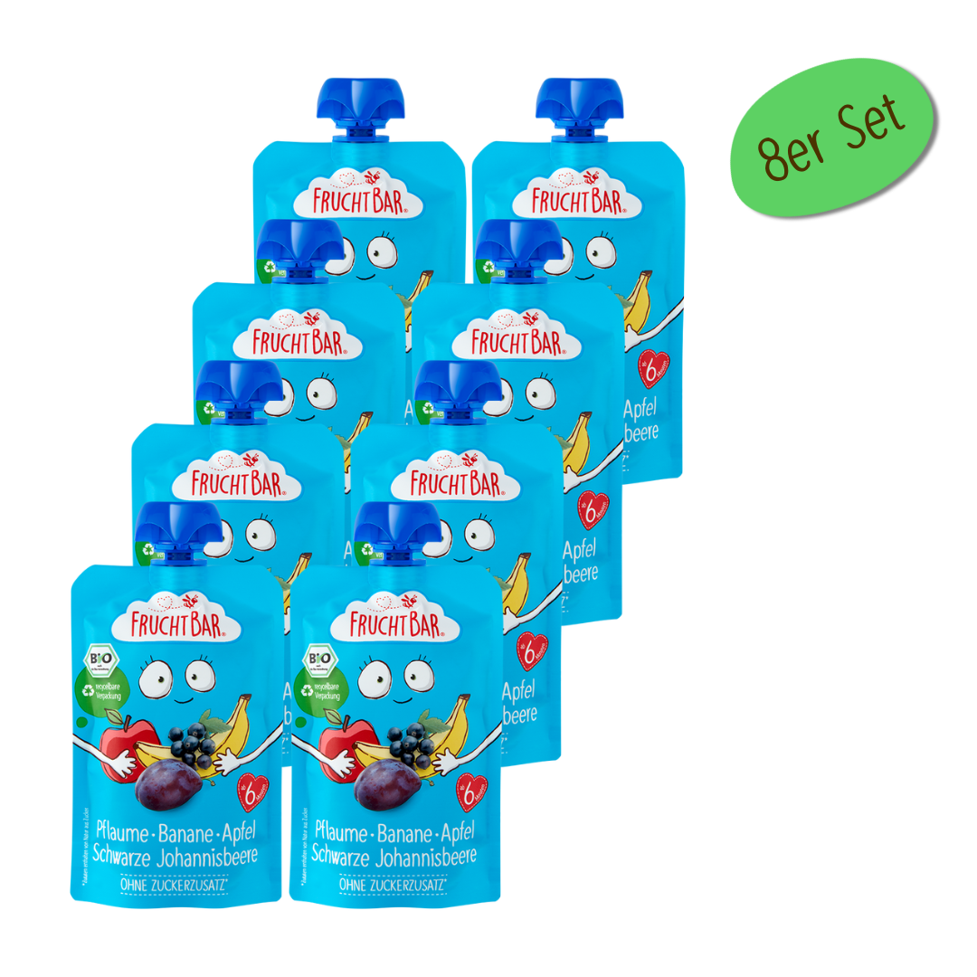 Bio Quetschie Pflaume, Banane, Apfel, Schwarze Johannisbeere