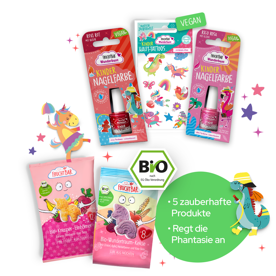 Zauberwelt Set: 2 Nagelfarben, 1 Bogen Hauttatoos und 2 leckere FruchtBar Snacks Zauberwelt Set