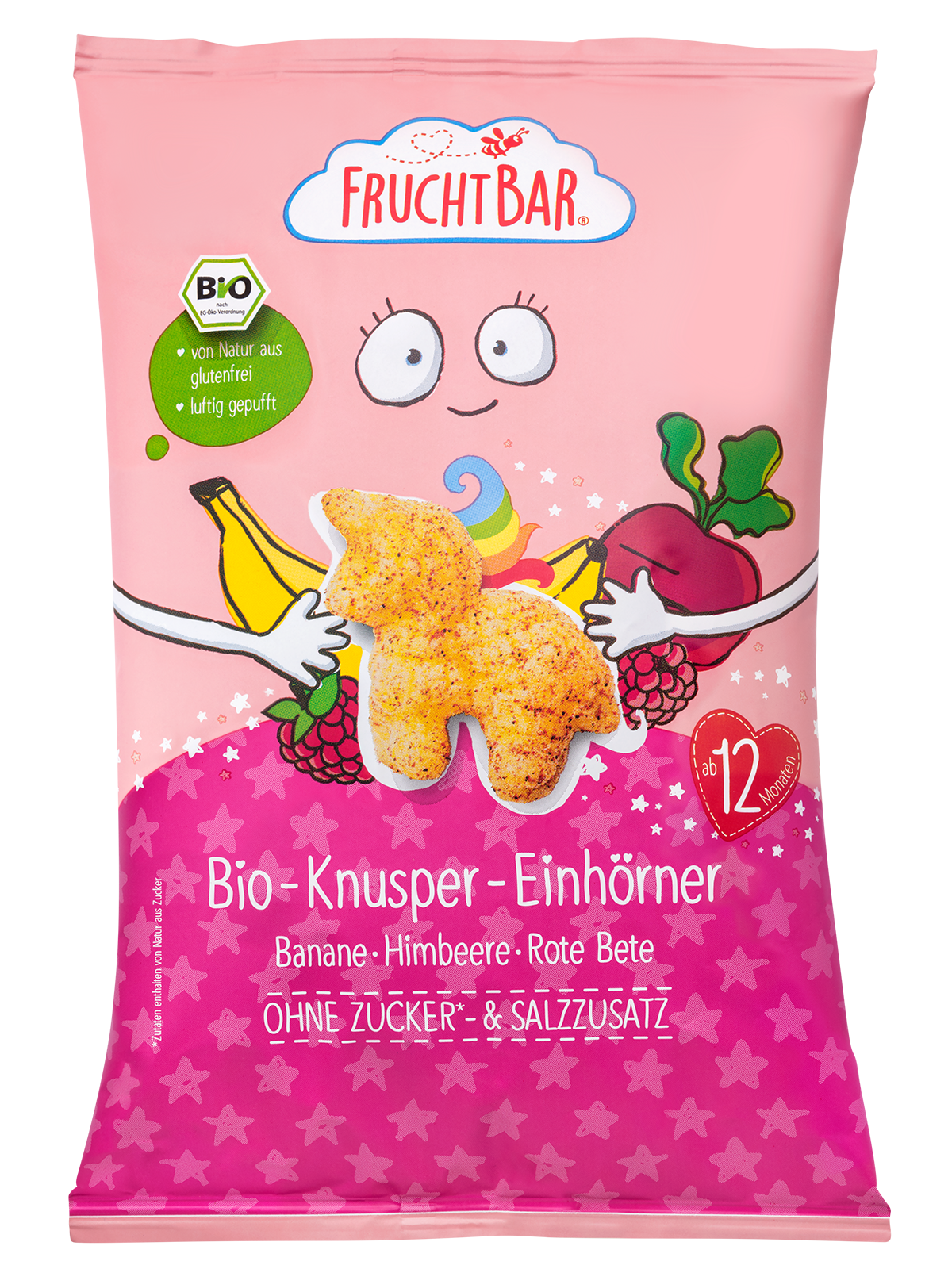 FruchtBar Bio Knusper Einhörner Bio-Knusper-Einhörner mit Banane, Himbeere und Rote Bete - ab 12 Monaten.