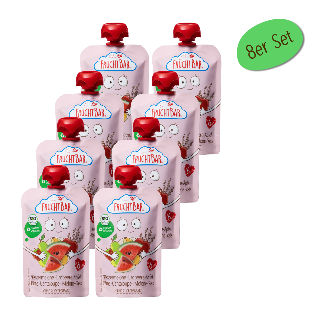 Bio Quetschie Wassermelone, Erdbeere, Apfel, Birne, Cantaloupe-Melone, Reis