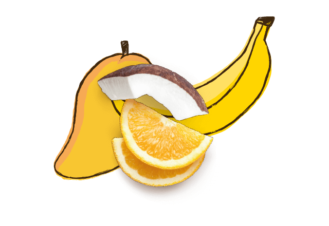 aus bio Banane, Orange, Mango und Cocos